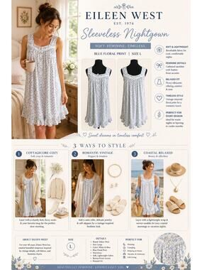 Eileen West Nightgown Sleeveless Blue Floral Cottagecore Lounge